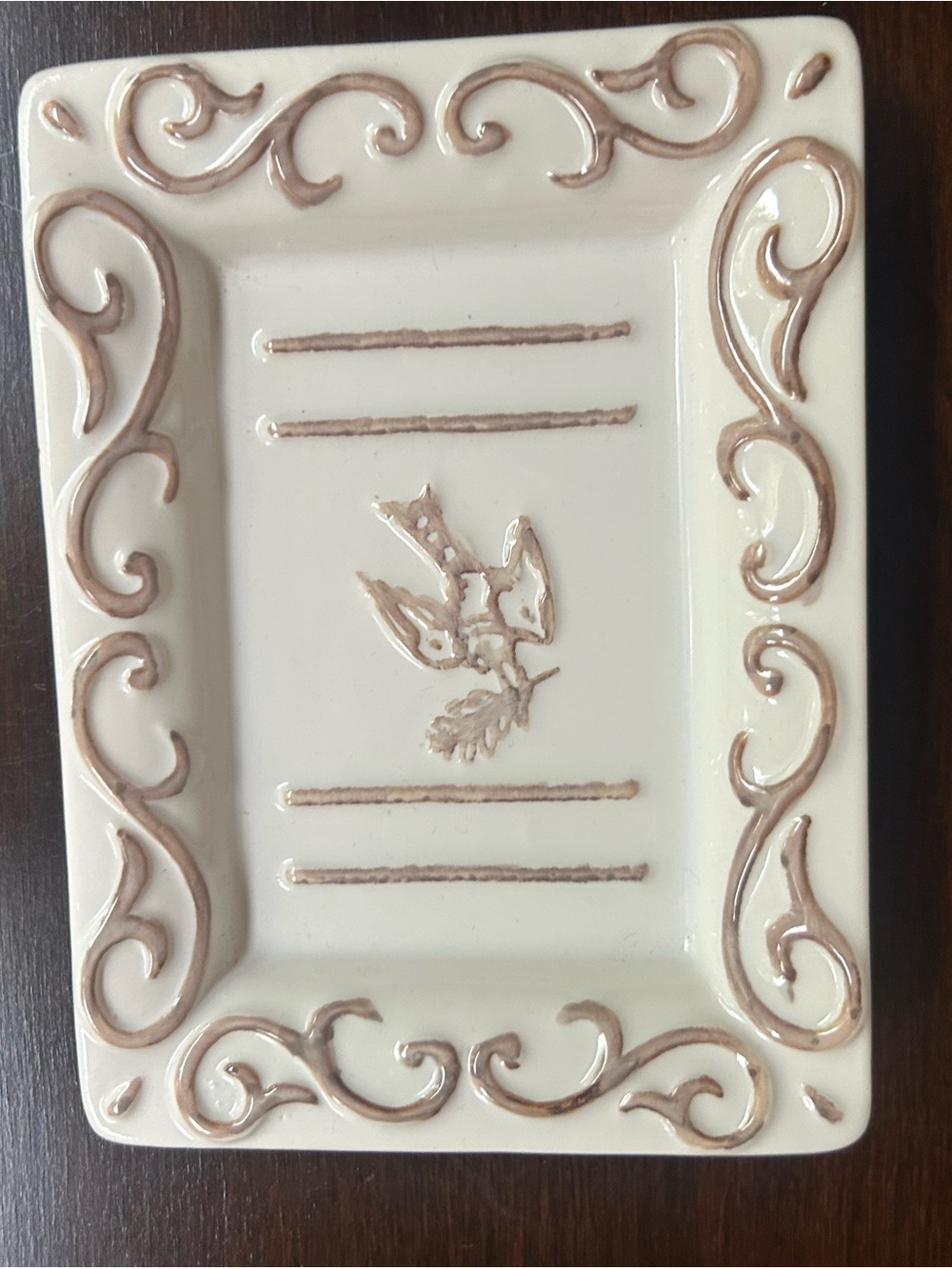Cream Ceramic Decorative Trinket/Soap Dish with Scroll Accents